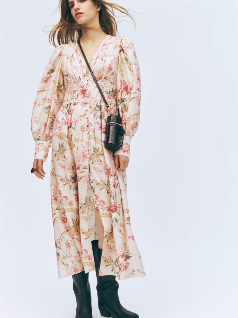 Sold out BUTTON-FRONT VISCOSE-BLEND DRESS H&M Floral Long Sleeve V-Neck Maxi
